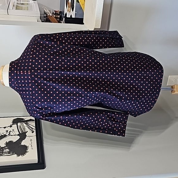 Peacebirt women's navy blue shirt red dots button down. Size large. Great fabric - Picture 6 of 10